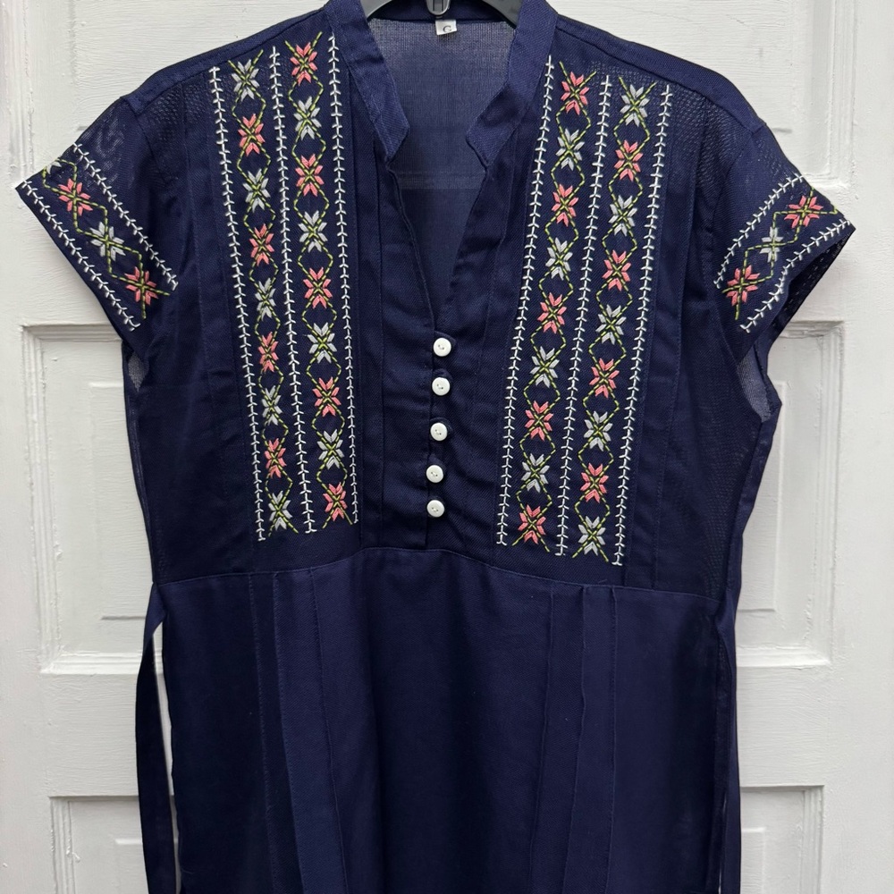 Boho Embroidered Folk Blouse Navy Peasant Top Tie Waist S M - Picture 3 of 9
